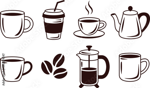 Black and white coffee cups and tea pot illustrations