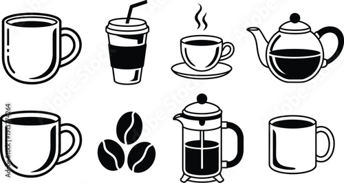 Black and white illustrations of various coffee cups and teapot