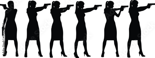 Silhouette vector illustration of woman holding handgun in various shooting stances, firearm training poses, defense concept, weapon practice collection design