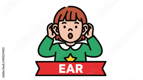 Child cartoon ear pain illustration isolated on red banner medical concept