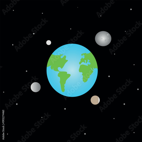 Minimalist Earth and Moons Illustration in Starry Space. Vector Illustration