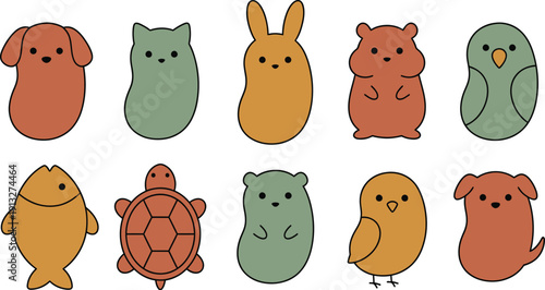 Minimalist pet characters with 10 cohesive geometric rounded system dog cat rabbit hamster parrot fish turtle guinea pig bird puppy identical eye size thin black outlines bean shaped earthy terracotta