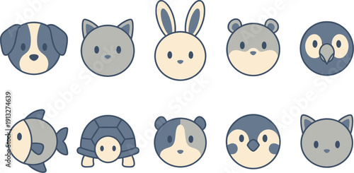 Minimalist pet characters with 10 cohesive set dog cat rabbit hamster parrot fish turtle guinea pig sparrow kitten circular head shapes small oval eyes consistent line weights no shadows professional 