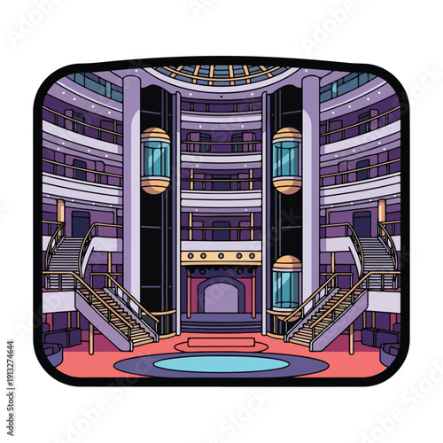 Multistory building with grand staircase and fountain viewed from the entrance lobby