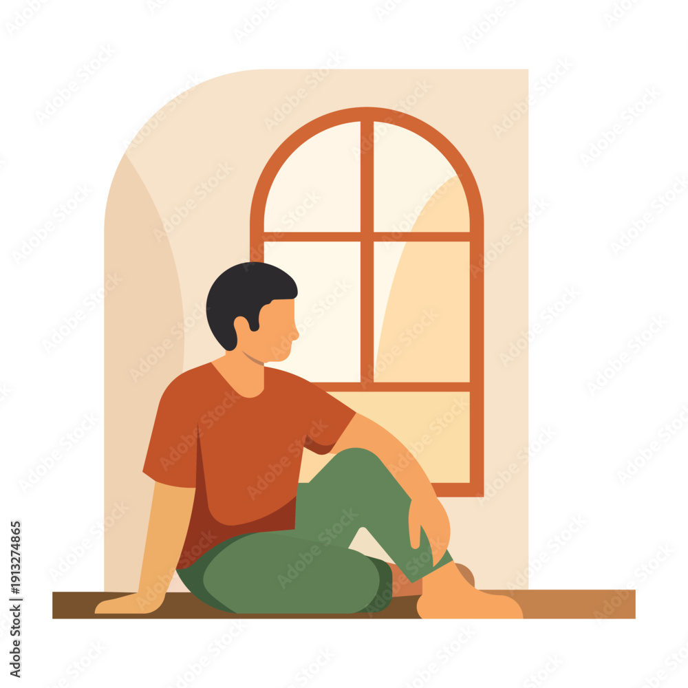 Fototapeta premium Minimalist Vector Illustration of a Young Man Sitting Comfortably by a Window, Relaxing at Home in a Modern Flat Style 