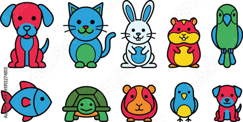 Simple pet characters playful minimal style with 10 dog cat rabbit hamster parrot fish turtle guinea pig bird puppy geometric shapes thick black outline friendly neutral features bright flat cherry 
