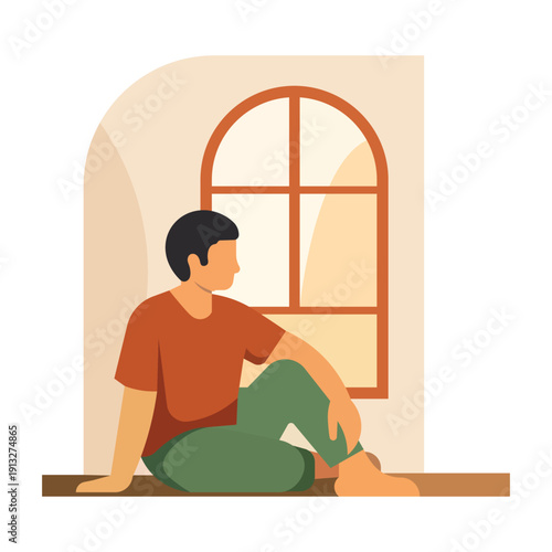 Minimalist Vector Illustration of a Young Man Sitting Comfortably by a Window, Relaxing at Home in a Modern Flat Style
