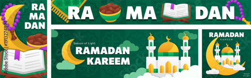 Eid Mubarak flat banners set with Islamic patterns, Mosque, Quran, Crescent moon, Lanterns, Prayer beads, Dates for Iftar and floral motifs in green and gold with Ramadan Kareem text. Bold cartoon art