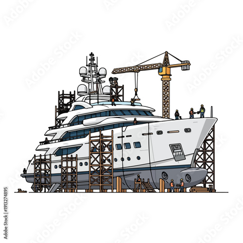 Large yacht under construction in dry dock with scaffolding and crane, surrounded by workers, pektor763.eps reference