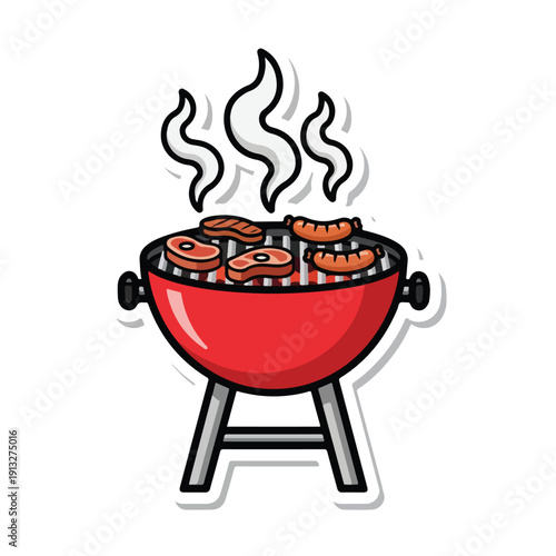 A vibrant red barbecue grill with sizzling sausages and rising smoke is illustrated in a simple graphic style