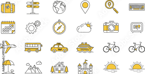 Travel icons, vacation symbols, tourism elements, transportation visuals, destination graphics, planning tools, sightseeing, cruise, airplane, bus, taxi, mountain, beach, sunset, castle, compass