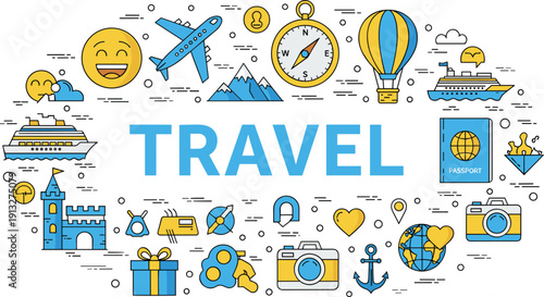 Travel concept illustration, vacation icons, global adventure, airplane, cruise, passport, camera, location pin, sun, cloud, sailboat, suitcase