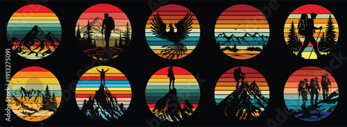 Vintage sunset collection in 70s 80s style. Regular and distressed retro sunset set. Five options with textured versions. Circular gradient background. T shirt design element. Vector illustration,flat