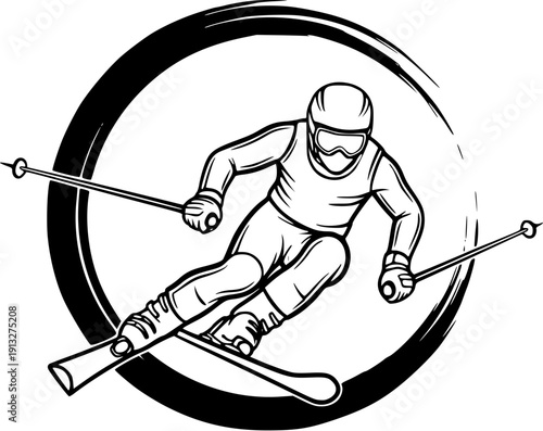 Downhill skier line art winter sport skiing athlete dynamic black outline logo