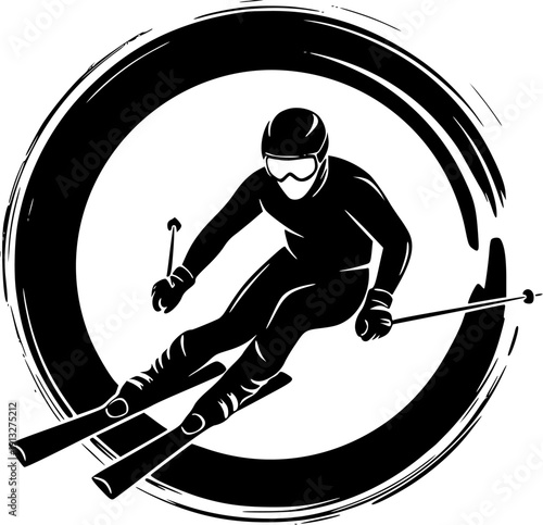 Alpine skier black silhouette winter sport logo dynamic skiing athlete emblem