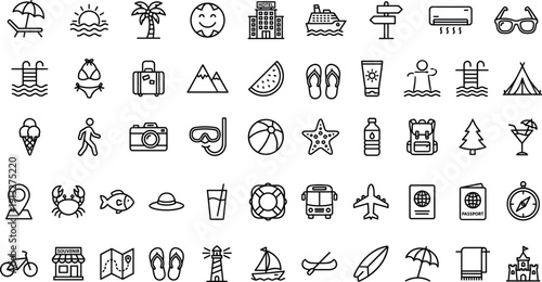 Travel icons, vacation symbols, leisure vector set, beach elements, summer activities, tourism signs, holiday items, adventure gear, tropical essentials