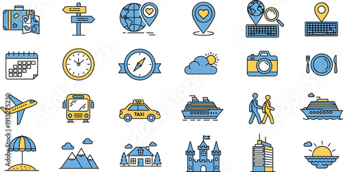 Travel icons, vacation symbols, tourism elements, suitcase, airplane, cruise ship, calendar, compass, camera, map, location pin, sunset, building