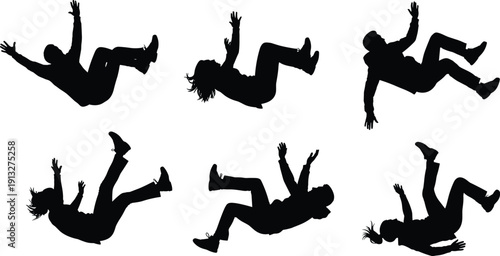 Silhouette vector set of people falling down slipping and tripping backwards in danger poses isolated on white background for safety accident concept