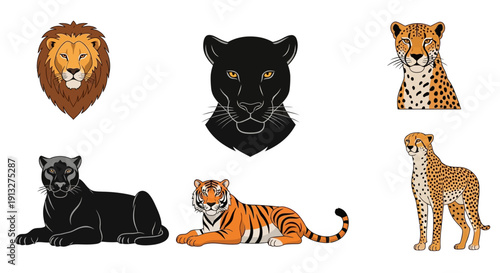 Set of cute cartoon wild animals and domestic pets including a tiger, kitten, and dog isolated on white as a vector illustration icon collection
