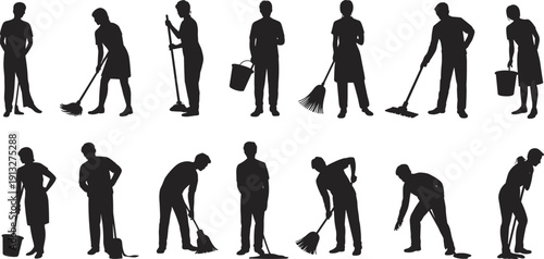 Silhouettes of people cleaning with mops, brooms, and buckets, housekeeping and janitorial service vector illustration for hygiene and stock artwork