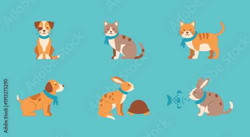 Funny set of cartoon vector animals featuring a cute dog, cat, lion, and farm characters in a fun zoo illustration