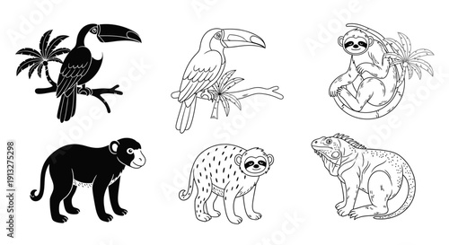 A wild animals collection featuring a black vector silhouette set of a tiger, bear, elephant, and mammal icons for a nature illustration design