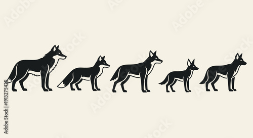 A black vector illustration featuring the artistic silhouette of horses and other wild farm animals like a stallion and pony designed as a nature icon outline