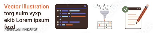 Data organization, programming, coding, project management, content creation, analytics visualization. Code editor interface, funnel processing data checklist with pencil. Programming and data