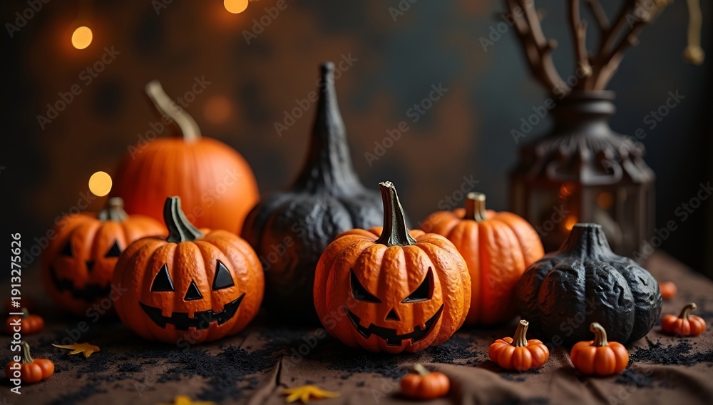 Fototapeta premium Spooky Halloween Pumpkins Carved with Scary Faces and Festive Lights.