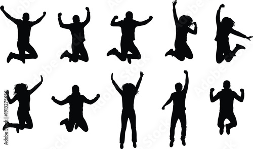 Silhouettes of people jumping in expressive poses, dynamic motion figures celebrating joy, freedom, and energy, vector illustration for activity and lifestyle themes