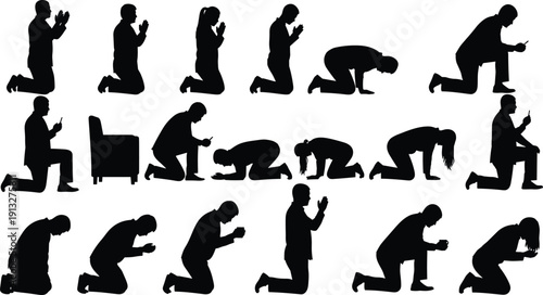 Silhouettes of people kneeling and praying in diverse postures, devotion and spirituality vector illustration with modern technology contrast for lifestyle themes