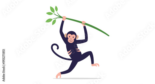 Playful and cheerful cartoon monkey with a long tail hanging from a green leafy vine, isolated on a plain white background.