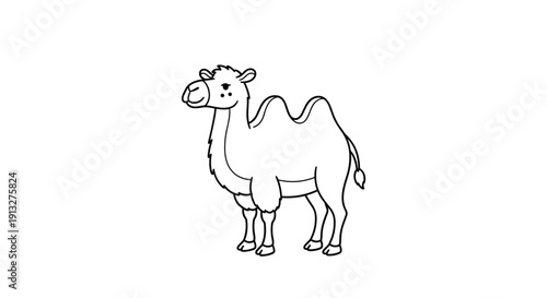 Simple black and white line art illustration of a Bactrian camel with two humps, perfect for a children's coloring book page.