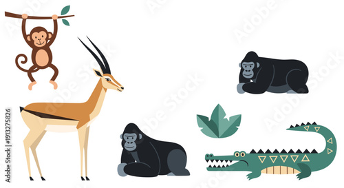 Collection of cute cartoon safari and jungle animals including a monkey, gazelle, gorilla, and crocodile in a flat vector style.