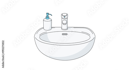 Minimalist line art illustration of a modern ceramic bathroom sink with a chrome faucet and a liquid soap dispenser bottle.