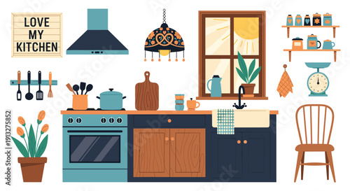 Collection of cozy and stylish modern kitchen interior elements including cabinets, an oven, a sink, utensils, and decorations.