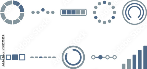 Modern UI loading and progress indicators with 10 slate blue cool grey segmented rotating ring three dot bouncing linear bar circular dotted spinner pulse concentric circles expanding geometric square