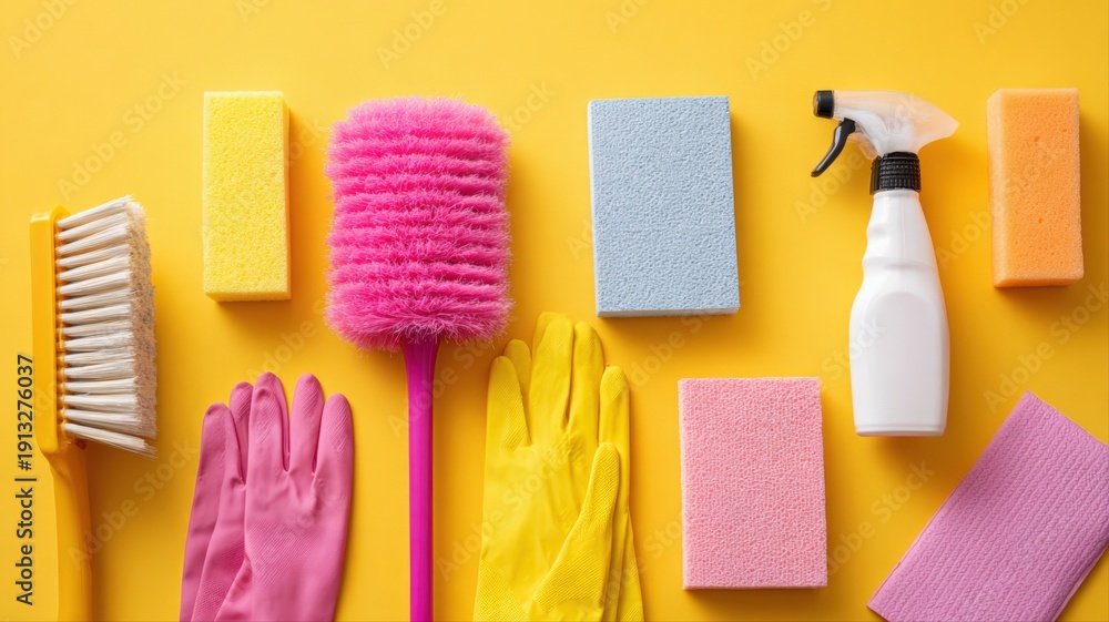 Naklejka premium Colorful Cleaning Supplies Arranged on Bright Yellow Backdrop, Promoting Freshness, Hygiene, and Effective Cleaning Solutions