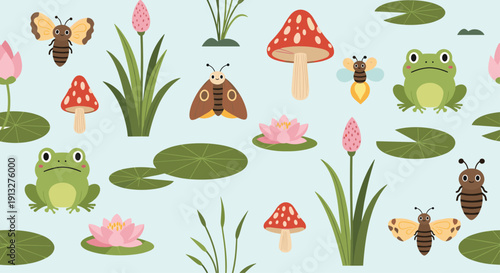 Seamless repeating pattern of a charming pond ecosystem with cute frogs, lily pads, moths, and mushrooms on a light blue background.