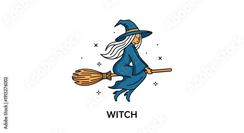 Minimalist line art illustration of a young witch with long white hair flying on her broomstick, with text below the image.
