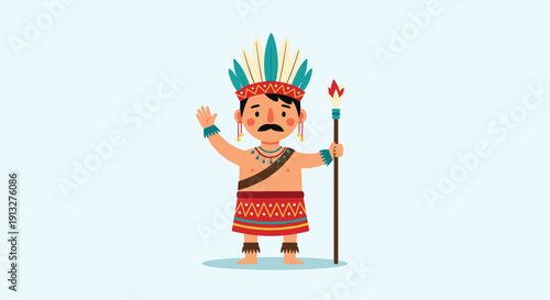 Cartoon illustration of a friendly indigenous man with a mustache, wearing a traditional feathered headdress and holding a spear.