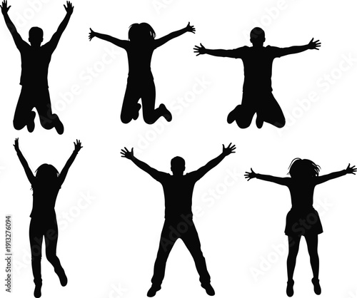 Six silhouettes of people jumping in joyful poses, dynamic motion figures expressing freedom, energy, and celebration, vector illustration for lifestyle and activity themes