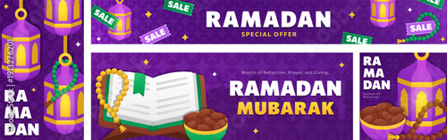 Ramadan Kareem promotional banner set with flat lanterns, Quran, prayer beads, dates on Islamic purple background. Flat vector style for Ramadan sale, greeting, e-commerce header, social media design