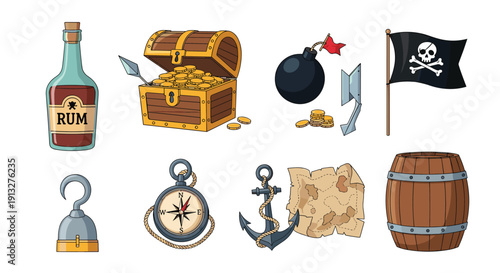 Large collection of classic pirate-themed icons including a treasure chest, rum, a bomb, a Jolly Roger flag, and a compass.