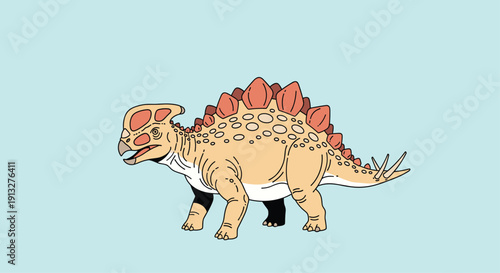 Detailed illustration of a Stegosaurid dinosaur with plates on its back and spikes on its tail, on a light blue background.