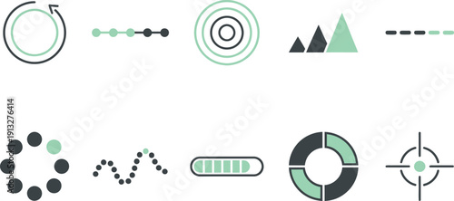 Minimalist clean tech loading symbols with 10 charcoal soft mint green thin line rotating spinner dot line horizontal progress tracker triple layered concentric circle pulse growing triangle step 