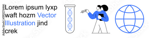 Scientific research, global collaboration, DNA analysis, genetic studies, biotechnology, knowledge-sharing. A woman holding a clipboard next to a test tube and globe symbol. Scientific research