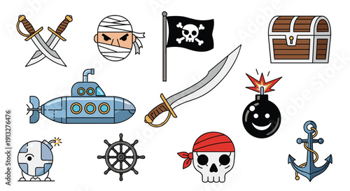 Collection of cute and quirky pirate-themed icons including crossed swords, a submarine, a skull, and a smiling bomb character.