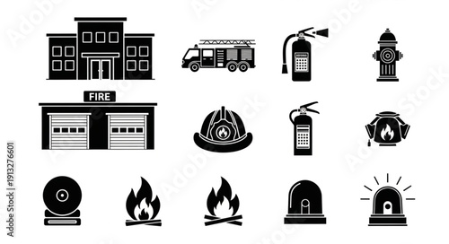 Firefighter equipment and building icons collection.