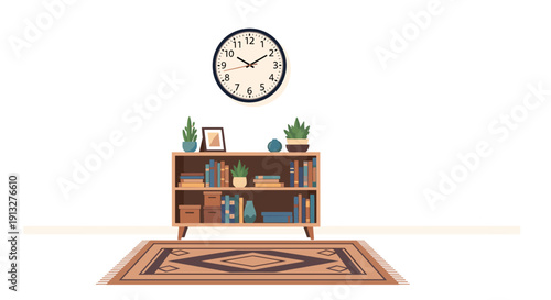 Minimalist living room interior scene with a wooden bookshelf, a wall clock, and a decorative rug in a cozy, modern style.
